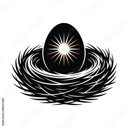 Black egg with sunburst design in a bird nest