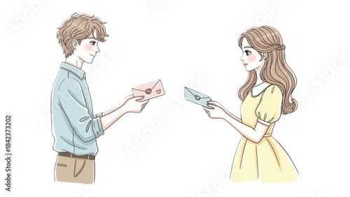Love Letter Exchange: A tender moment captured between a man and woman as they exchange heartfelt letters, their eyes locked in anticipation and affection.