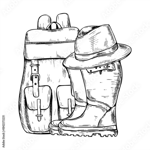 Backpack, felt fedora safari hat on rubber boots vector isolated illustration in hand drawn ink sketch style. Travel accessories monochrome composition for forest walk, fishing, trip posters, designs