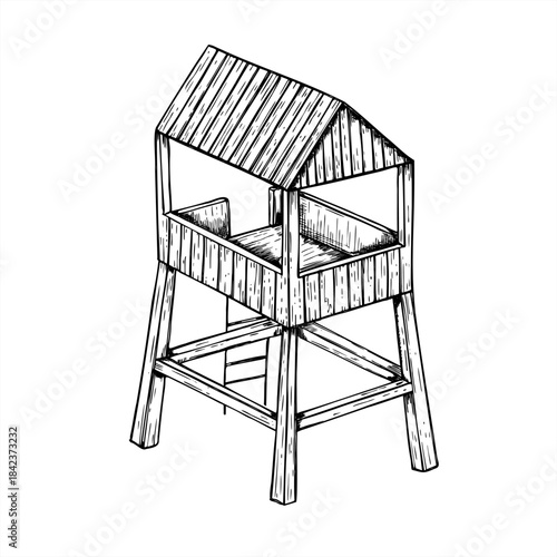 Wooden observation blind for birdwatching and animal photography vector isolated illustration painted by black inks. Wildlife hide or hunting blind on stilts for outdoor activity websites, brochures