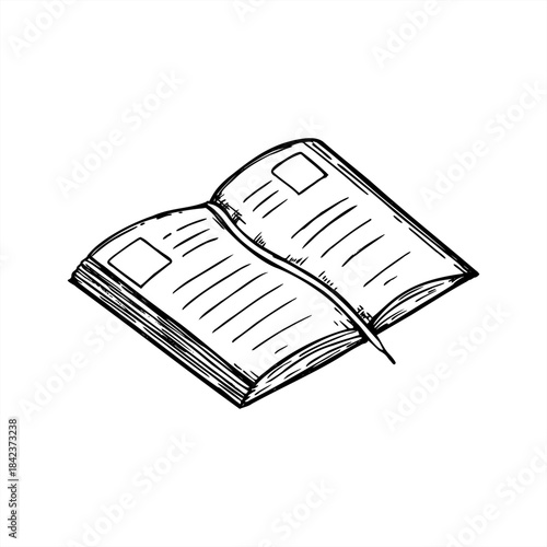 Monochrome open notebook or observation diary with photo frame, space for text, and decorative bookmark vector isolated illustration. template for stationery design, custom photo album creation