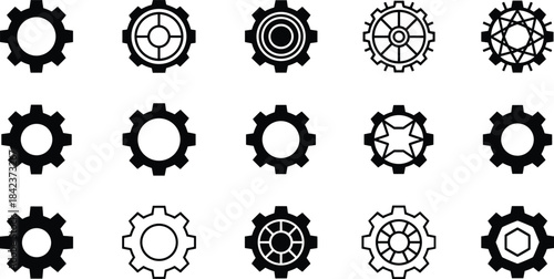 Set of Fifteen Diverse Industrial Gear and Cogwheel Icons in Solid and Outline Styles Representing Technology, Settings, and Mechanical Engineering