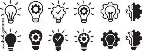 innovation icon set, technology line symbols, creative process icons, tech icons, Idea lightbulb icon. Inspiration creativity lamp vector icon collection, mechanical creativity icon, modern bulb icon