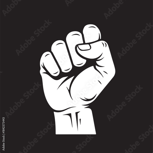 A stark white clenched fist illustration, boldly raised against a deep black background, embodying themes of strength, unity, determination, power, and human resolve