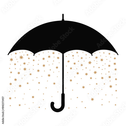 Black umbrella protecting from falling golden star shower isolated on