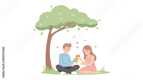 Sweetheart's Serenade: A tender couple sits beneath a sheltering tree, immersed in a moment of pure affection, with love. The warm scene radiates joy, symbolizing the depth of their relationship.
