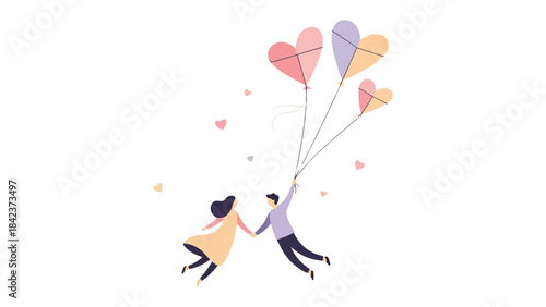 Love's Ascent: A couple, hand in hand, float serenely amidst heart-shaped balloons, their bond embodying love and affection in a whimsical scene of togetherness.