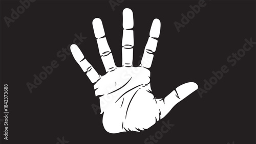 A black and white illustration of a human hand displaying an open palm with fingers extended upwards, symbolizing communication or stopping action