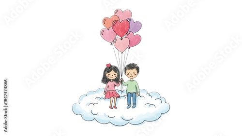 Love's Ascent: Two hearts ascend to new heights, gently carried above the clouds by a cluster of heart-shaped balloons. A dreamy scene, symbolizing love, affection, and dreams of the future.