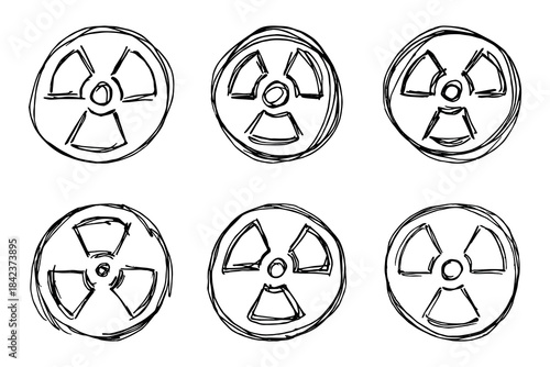 Set of hand drawn radiation sign Nuclear radiation hazard symbol Radioactive danger warning doodle Radioactive waste Single element for print, web, design, decor