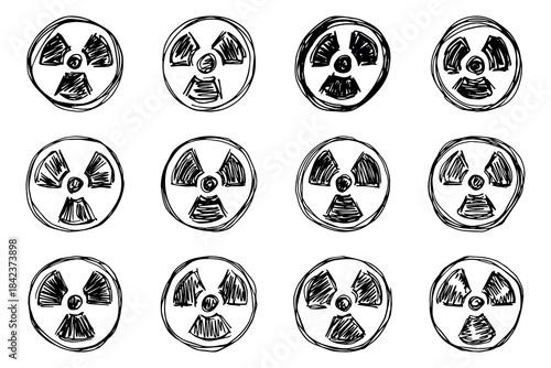 Set of hand drawn radiation sign Nuclear radiation hazard symbol Radioactive danger warning doodle Radioactive waste Single element for print, web, design, decor