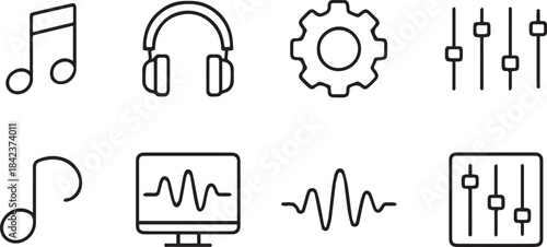 Audio Technology Icon, music icon set, waveform vector icons, headphones and notes icons, digital sound interface icons, music studio icons, minimal audio icons, sound engineering toolkit, music icon
