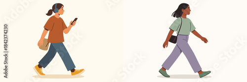 Two people are depicted walking briskly