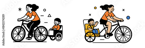 Cycling with children in trailers for recreational fun outdoors