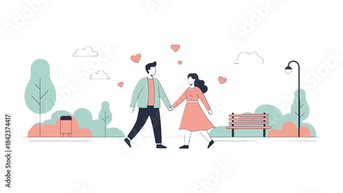 Love's Embrace: A Gentle Stroll in the Park: A couple, hand in hand, stroll through a serene park, hearts floating above them, creating a scene of love and tranquility.