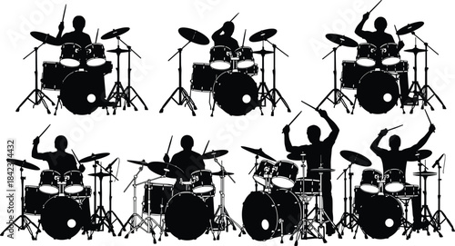 Drummer silhouette, drum kit icon, percussion pose, music performance, outline style, rhythm, concert, musician, energy, beat