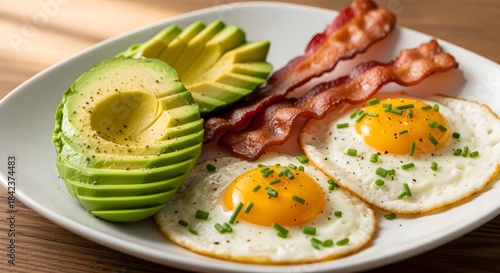 A plate with avocado, eggs, and bacon.