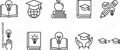 Education icon set, learning symbol, academic achievement graphic, knowledge pursuit badge, creative study illustration, global education element