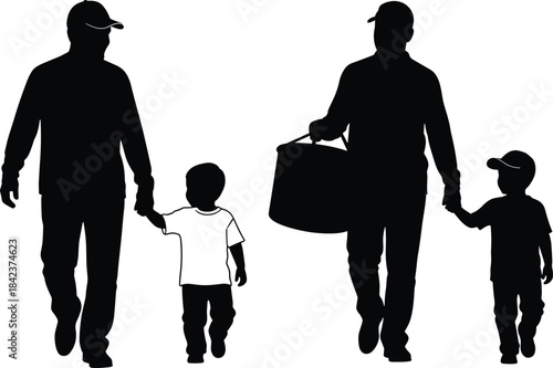 Family silhouette with children, parenting activity, black figures, bucket gesture, white background, guardianship concept, outdoor scene