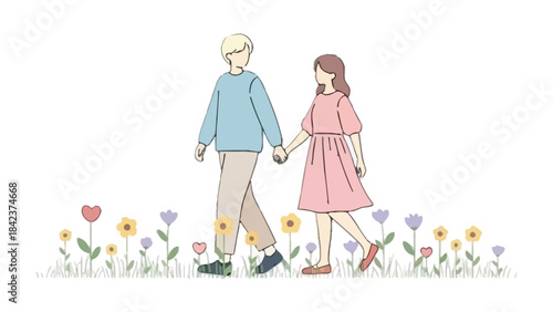 Illustration of Gentle Stroll in Bloom: An illustrated couple, hand in hand, walks through a vibrant meadow filled with colorful flowers, embracing a moment of connection and joy.