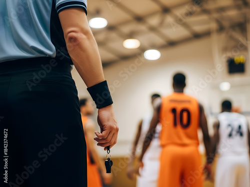 Referee overseeing a basketball game with players in orange and white uniforms