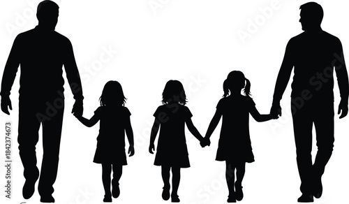 Family walking silhouette, children hand-in-hand, black figures, unity concept, white background, parenting bond, 