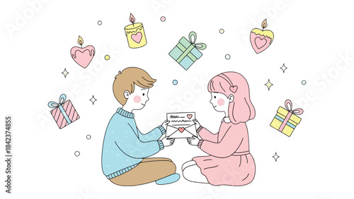 Love's Embrace: A tender moment unfolds as two figures share a loving gesture, surrounded by symbolic gifts and glowing candles, capturing the essence of affection and thoughtfulness.