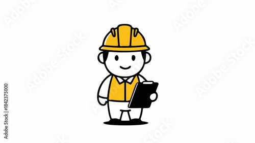 Cute line art construction worker icon holding clipboard, friendly character in black, white and yellow palette on empty white backdrop.