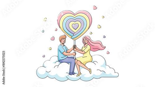 Love's Aerial Embrace: A tender moment unfolds as two individuals, seated on a cloud, unite hands beneath a heart-shaped balloon. Capturing the sweetness and magic of affection.