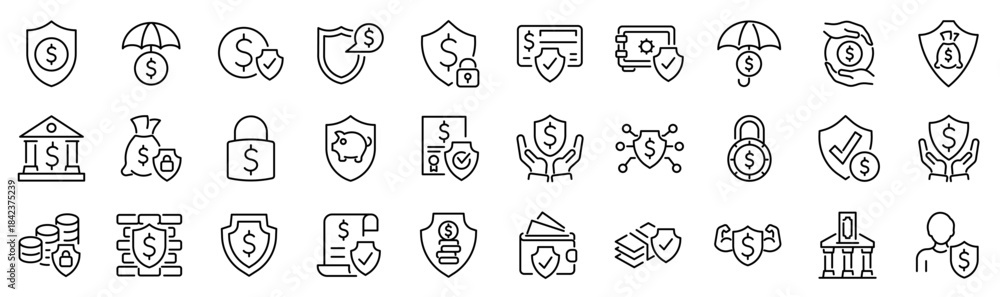Set of 30 outline icons related to financial protection. Linear icon ...