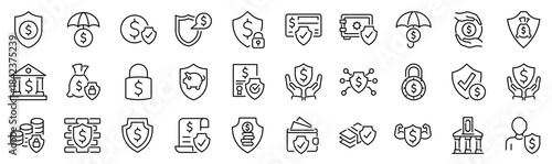 Set of 30 outline icons related to financial protection. Linear icon collection. Editable stroke. Vector illustration