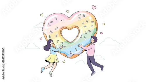 Love's Sweet Embrace: A couple floats in a dreamy sky, delicately cradling a heart-shaped donut, a sweet symbol of love, joy, and the simple pleasures in life. 