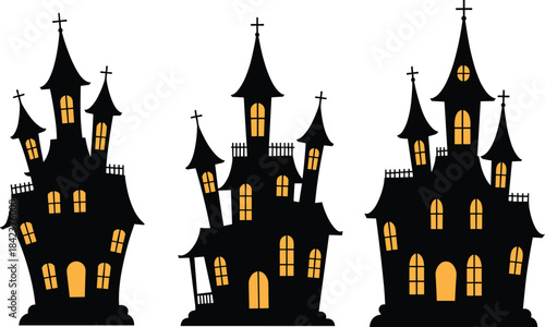 Haunted houses silhouettes, spooky Halloween scene, gothic mansions, eerie towers, glowing windows, creepy atmosphere, fantasy horror night illustration