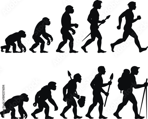 Human evolution silhouette sequence, walking posture progression, black vector timeline, primitive to modern, tool use, exploration concept art