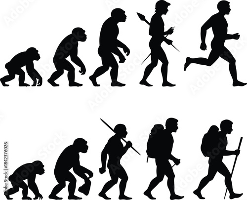 Human evolution silhouette set, black vector timeline, primitive to modern, walking posture, spear, backpack, exploration concept art
