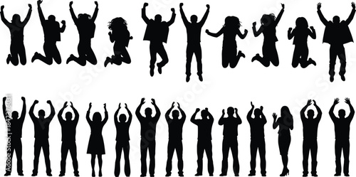 Jumping people silhouettes, group celebration poses, professional teamwork success, unity diversity concept, office lifestyle motivation, career growth achievement