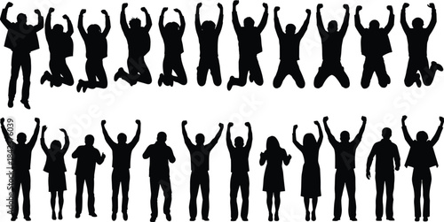 Jumping people silhouettes, group celebration poses, teamwork unity success, professional lifestyle diversity, office motivation, career growth achievement