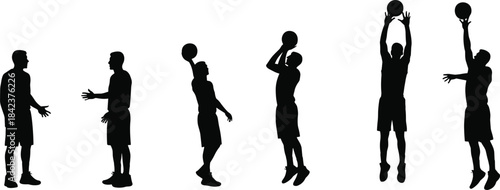 Silhouette basketball player jump shot sequence, shooting, training, sports action poses, fitness workout, athletic movement, competition, teamwork, exercise