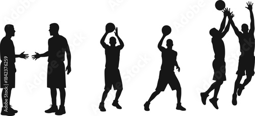 Silhouette basketball players shooting, dribbling, passing, jumping, teamwork, competition, sports action poses, fitness training, athletic movement, exercise