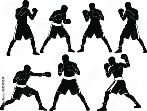 Silhouette boxers fighting, punching, sparring, training, martial arts, combat sports poses, fitness workout, strength exercise, athletic movement, action