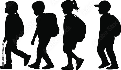 Silhouette children walking with backpacks, student commute, daily school routine, academic lifestyle, education journey, youth study illustration designSilhouette children walking with backpacks, 