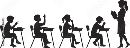 Silhouette classroom scene with teacher and students, education concept, school learning, academic lifestyle, teaching illustration, study design