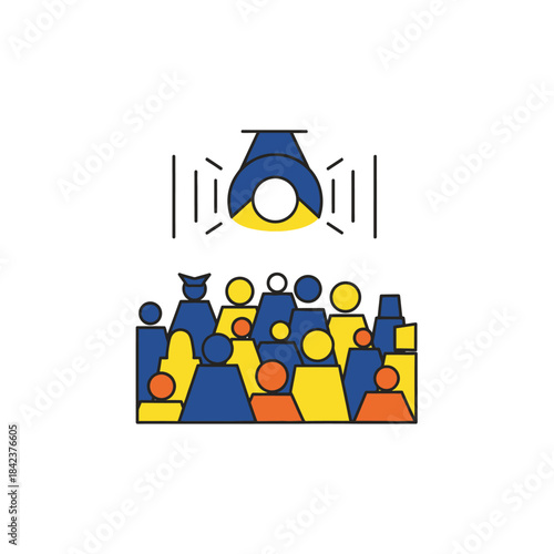 Audience under spotlight, diverse crowd, performance, stage, event, gathering.