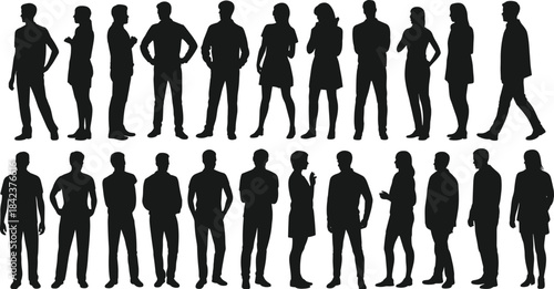 Silhouette group of diverse people standing in various poses, social interaction, demographic diversity, lifestyle concept, artistic illustration
