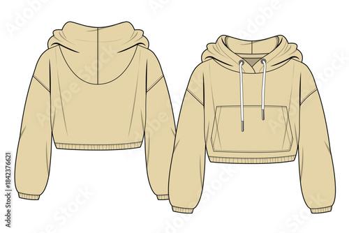 Womens oversized cropped hoodies technical flat design vector mockup template.