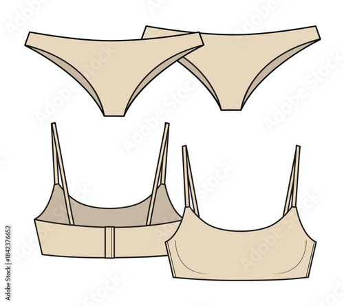 String bra and bikini technical flat drawing vector mockup template.