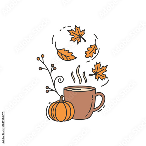 Autumnal Still Life with Pumpkin, Coffee, and Falling Leaves.