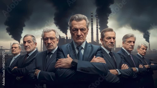 Powerful corporate executives in front of polluting industrial landscape