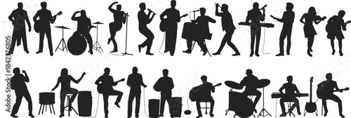 Silhouette musicians performing with guitars, drums, keyboards, violin, and singers, live concert entertainment, artistic music band illustration