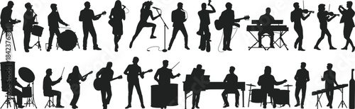 Silhouette musicians performing with guitars, drums, keyboards, violin, and singers, live concert entertainment, artistic music band illustration design